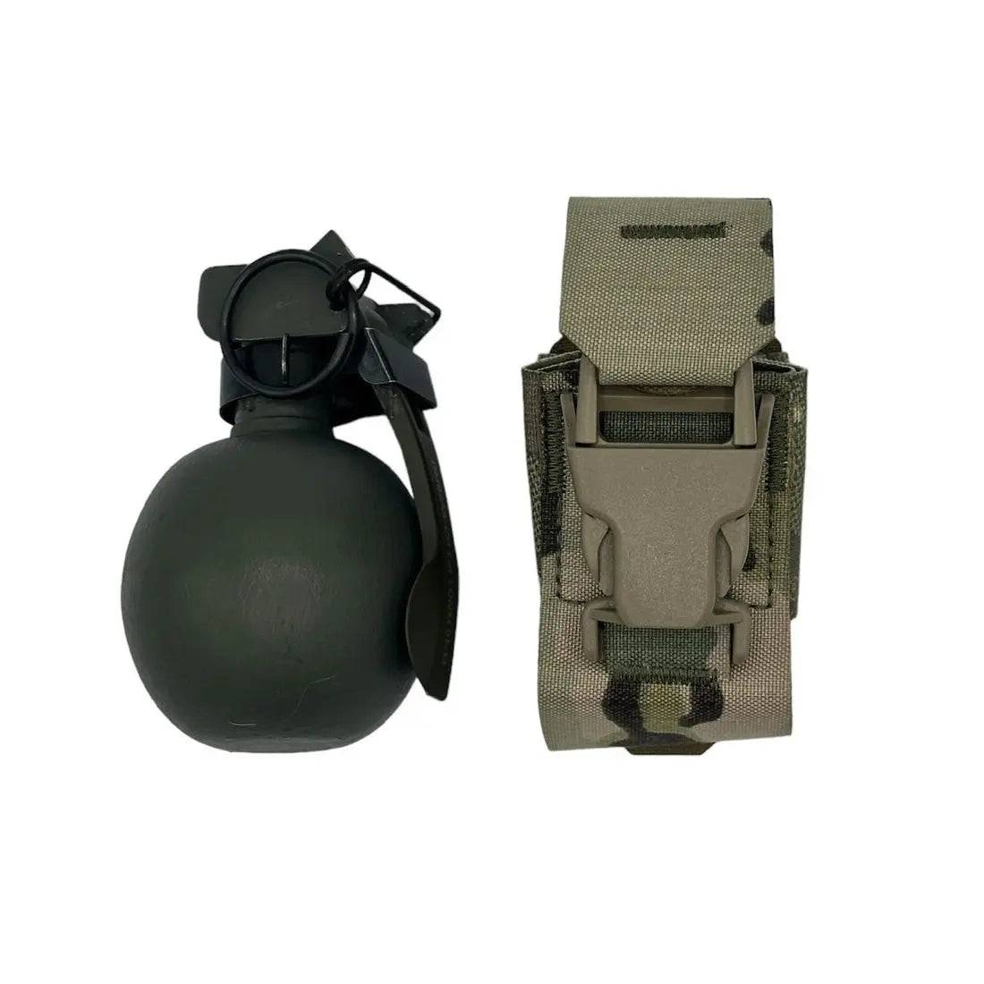 Luminae Multicam Frag Grenade Pouch MTP with secure buckle closure, designed to hold UK or US-style fragmentation grenades. Durable Cordura material in camouflage pattern.