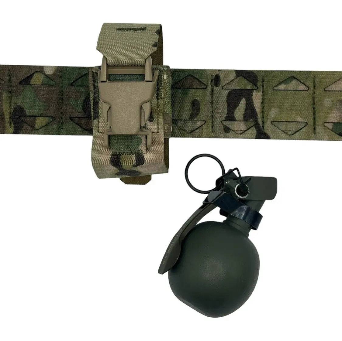 Luminae Multicam Frag Grenade Pouch with a fragmentation grenade beside it, highlighting its compact and secure design for tactical and military gear setups.