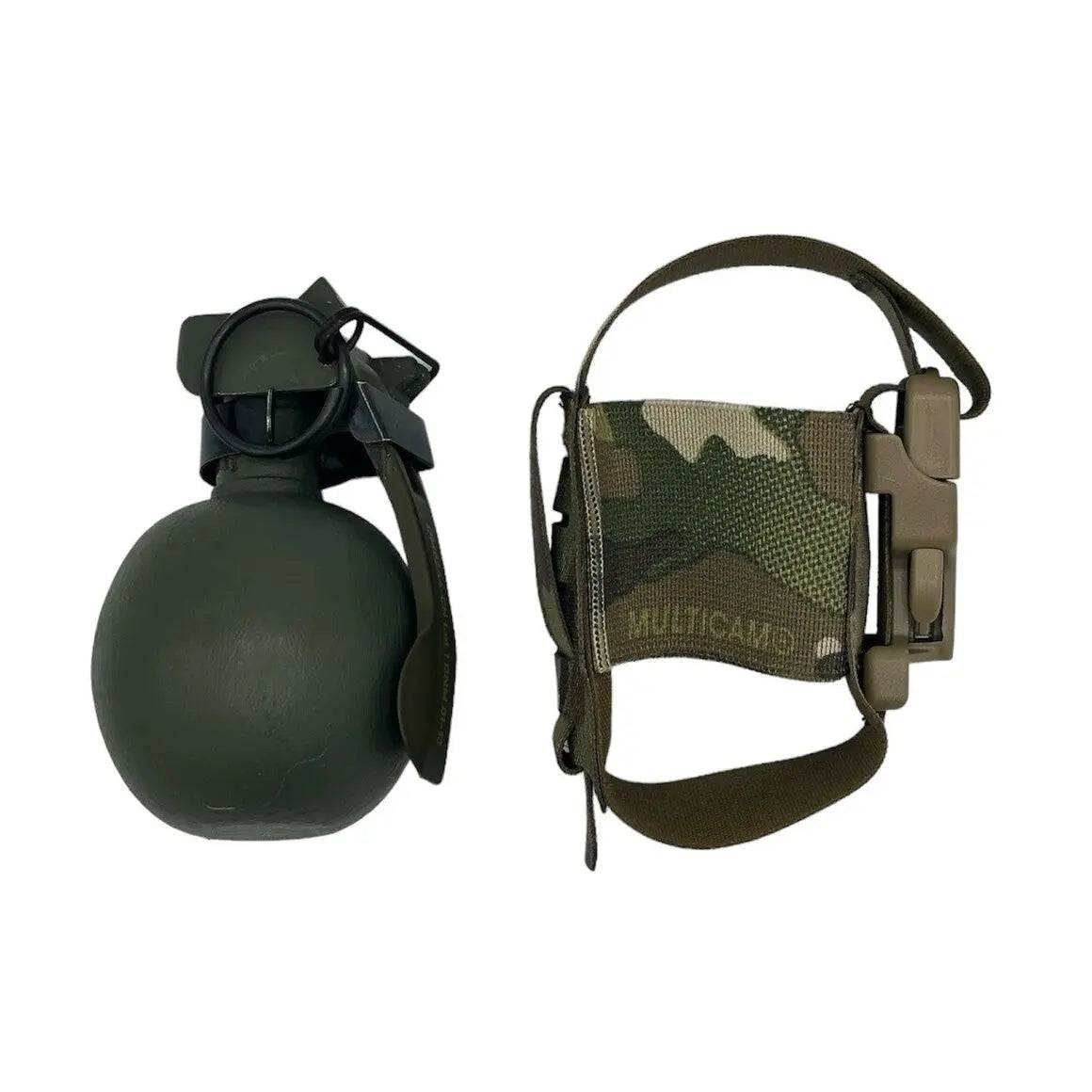 Luminae Multicam Frag Grenade Pouch fully opened, displaying its adjustable strap and secure buckle for holding a fragmentation grenade. Tactical MTP camouflage design.