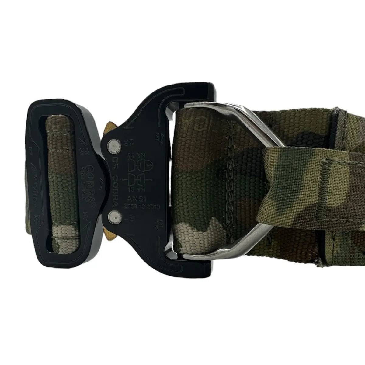 Close-up of the Luminae Operations Belt featuring a sturdy Cobra Buckle and reinforced Multicam fabric for enhanced durability and reliability.