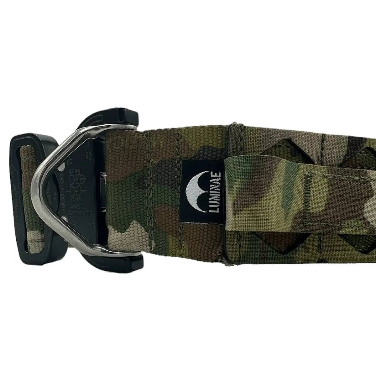 Detailed view of the Luminae Operations Belt showcasing the brand logo, robust stitching, and high-quality Multicam fabric.