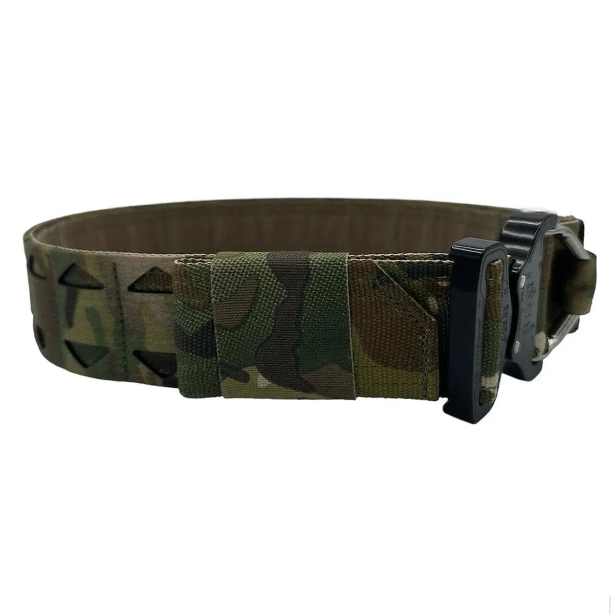 Rear angle of the Luminae Operations Belt in Multicam pattern, emphasizing its adjustable fit and tactical functionality.