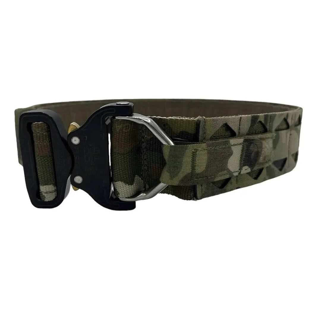 Side view of the Luminae Multicam Operations Belt with Cobra Buckle, highlighting its rugged design and reinforced structure.