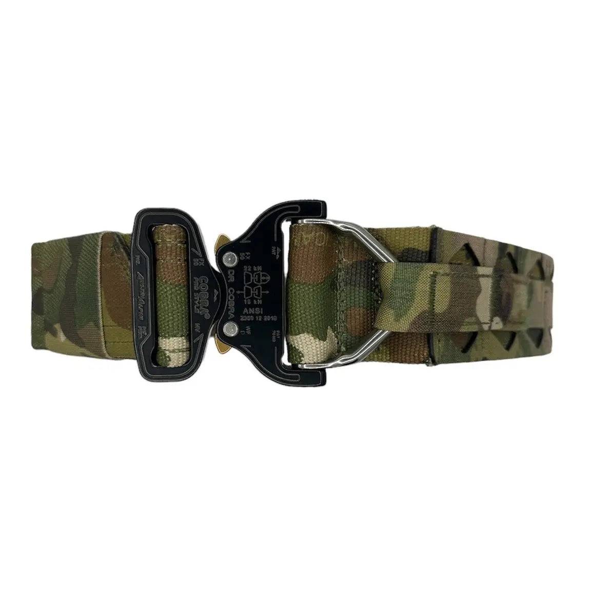 Luminae Multicam Operations Belt with Cobra Buckle, designed for tactical use with durable Cordura material and secure fastening system.