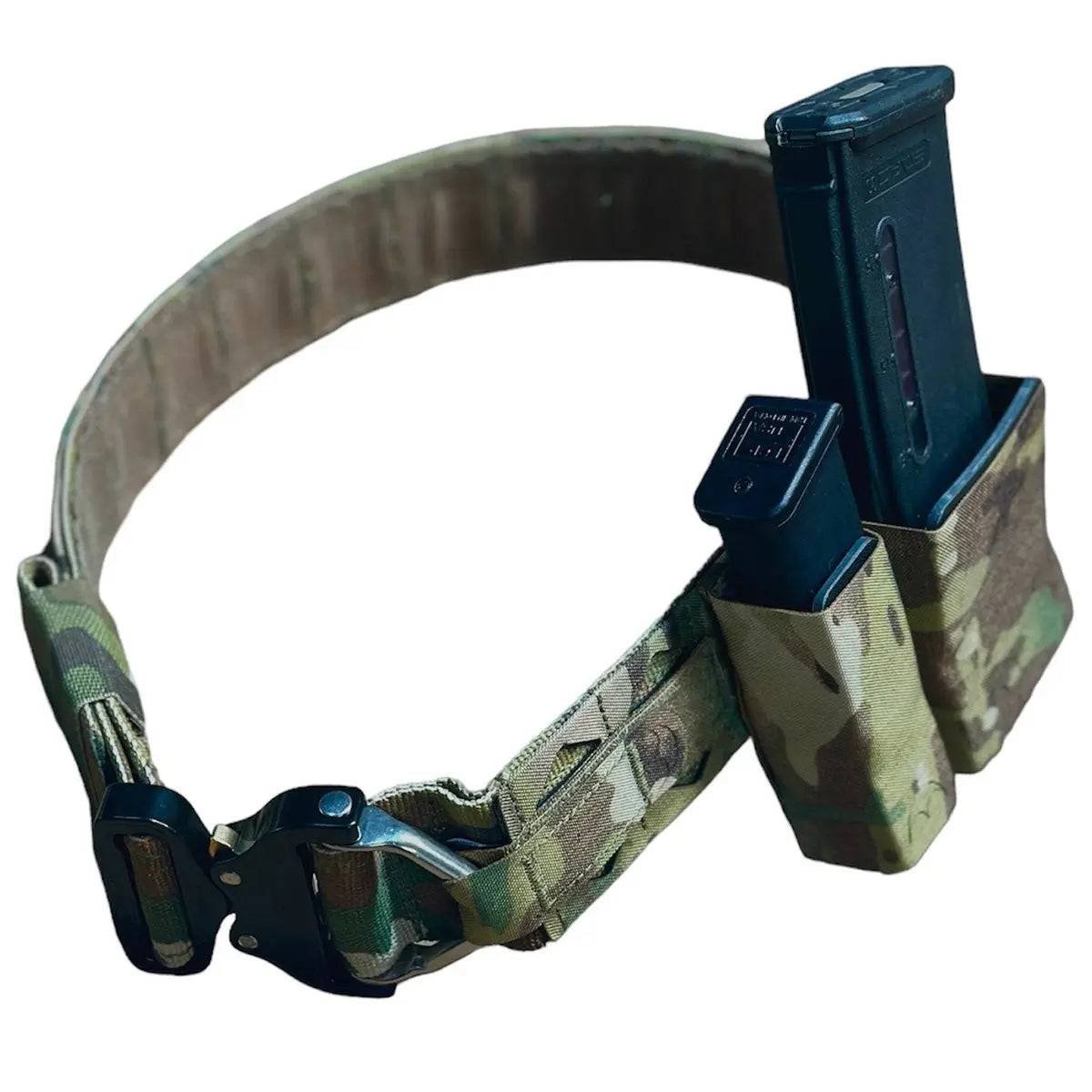 Luminae Multicam Operations Belt equipped with magazine pouches, ideal for tactical professionals requiring quick access to gear.
