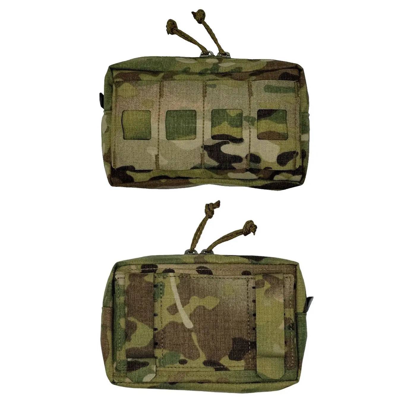 Front and back view of the Luminae Multicam Small GP Pouch MTP, showcasing MOLLE webbing and rugged Cordura construction for tactical use.