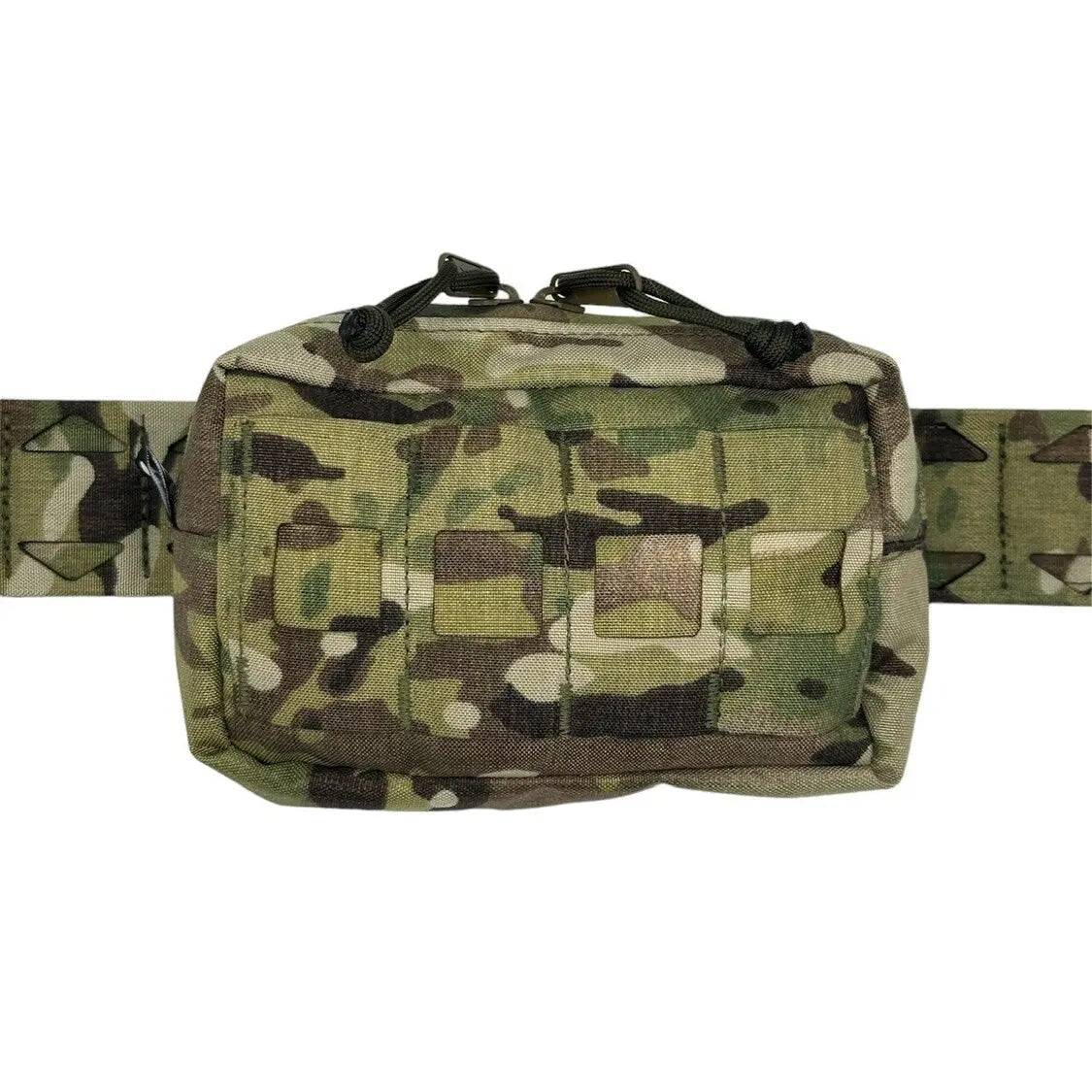Luminae Multicam Small GP Pouch MTP attached to a tactical belt, featuring durable Cordura fabric and MOLLE compatibility for secure gear storage.