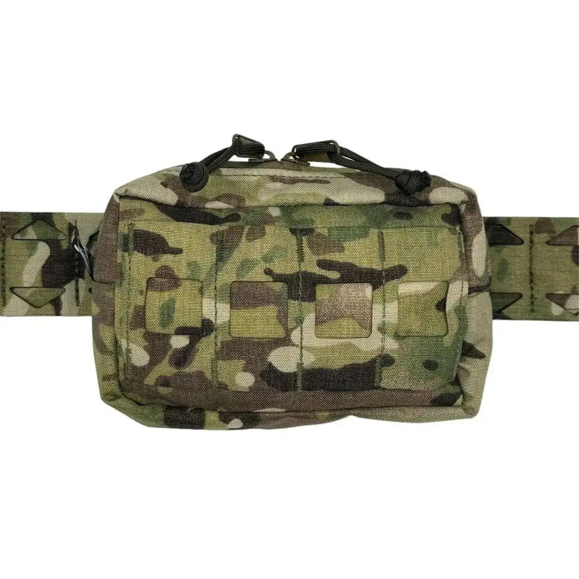 Luminae Multicam Small GP Pouch MTP attached to a tactical belt, featuring durable Cordura fabric and MOLLE compatibility for secure gear storage. from John Bull Clothing