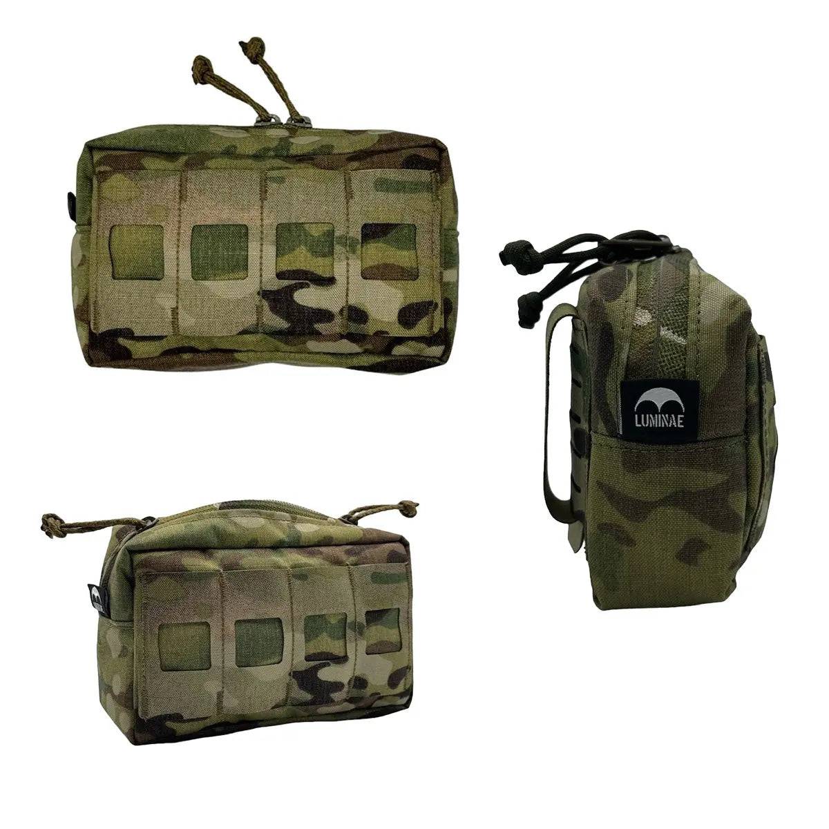 Multiple angles of the Luminae Multicam Small GP Pouch MTP, highlighting its compact design, MOLLE webbing, and durable Cordura material.