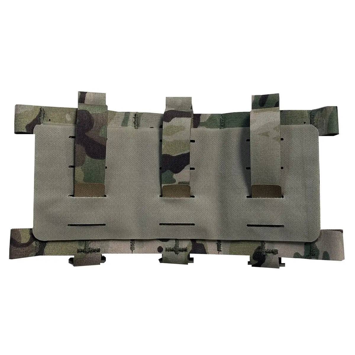 Rear view of Luminae Multicam Triple Mag Pouch with attachment straps, highlighting its MOLLE system for secure mounting on tactical vests or belts.