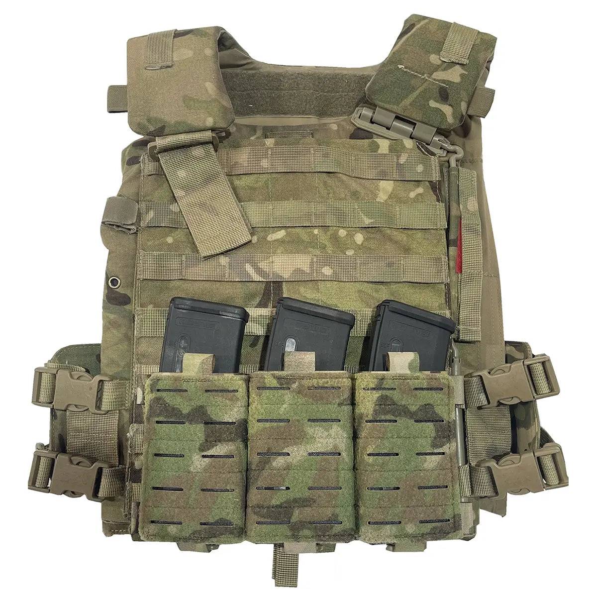 Luminae Multicam Triple Mag Pouch with Kydex Inserts mounted on a tactical vest, demonstrating its secure fit and rapid access to 5.56 magazines.