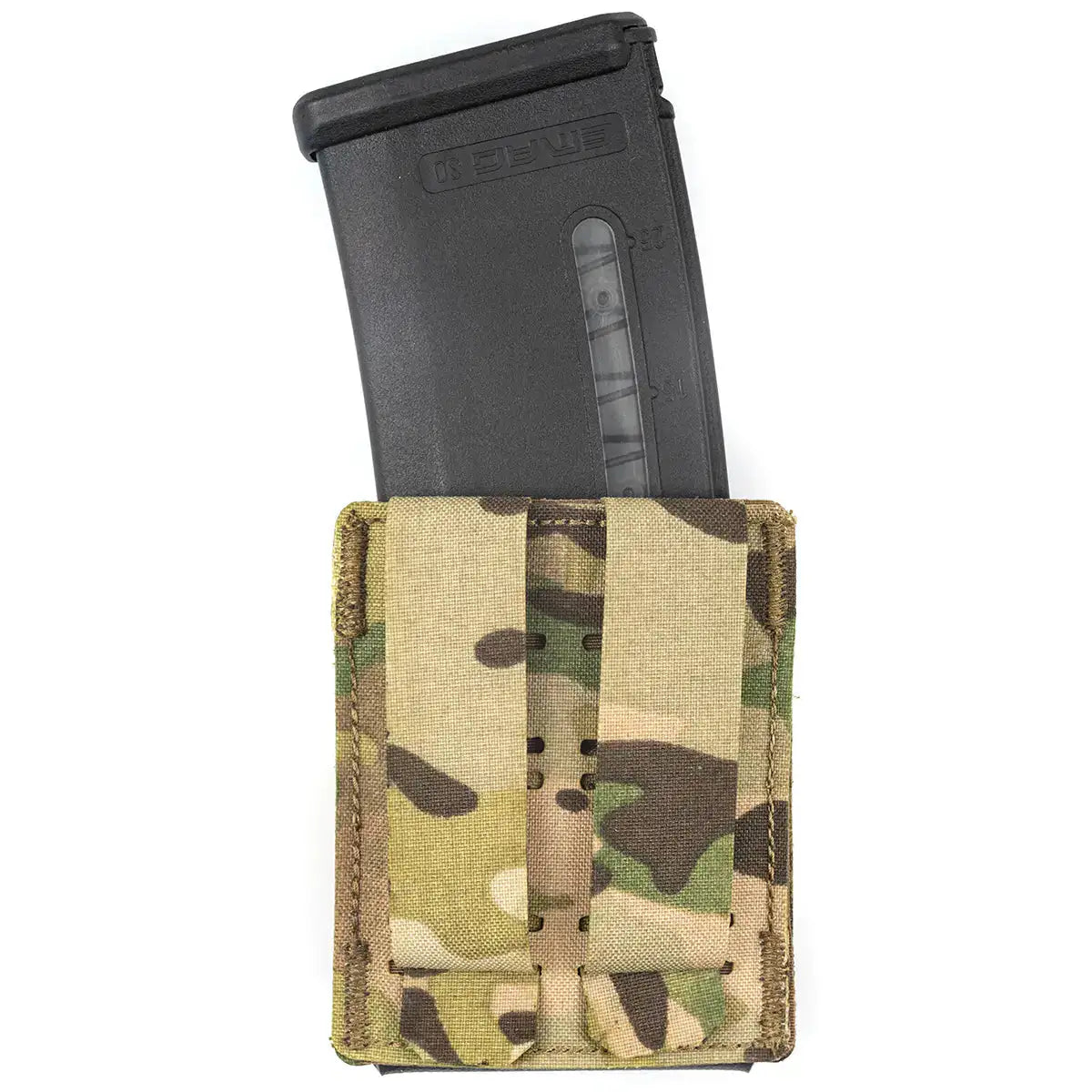 Close-up of camouflage fabric mag pouch with magazine partially inserted, designed for quick access in tactical scenarios