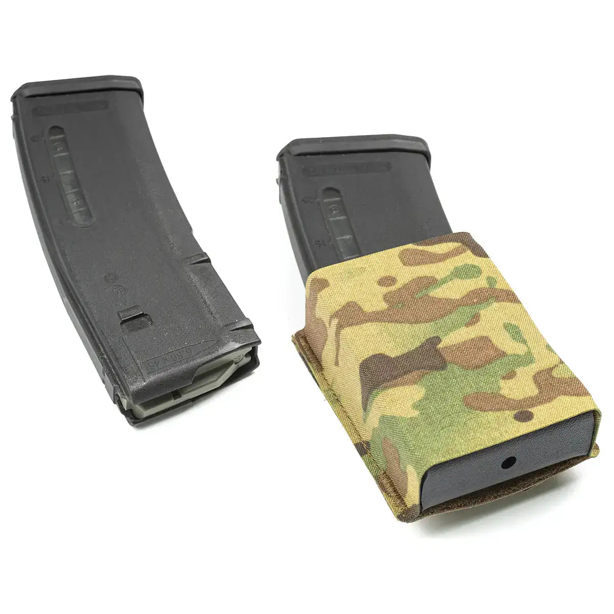 Black ammunition magazine with textured surface for durability, designed for quick reloads in tactical scenarios, shown with camouflage mag pouch