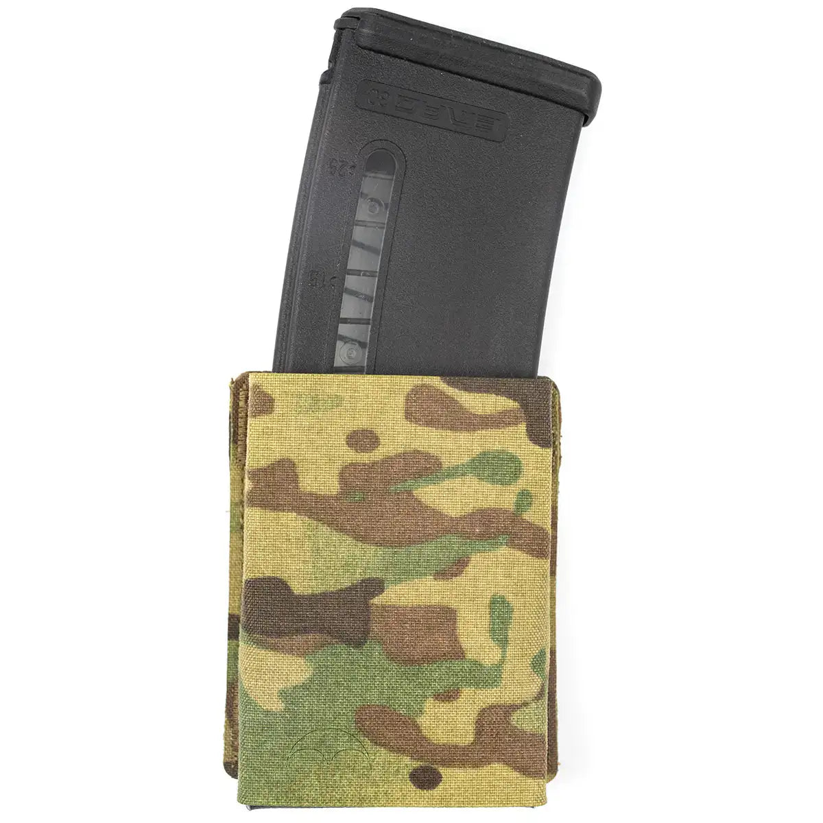 Black ammunition magazine with transparent window for quick magazine count, housed in camouflage fabric mag pouch for tactical use