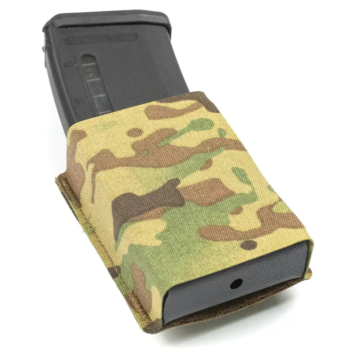 Black magazine with camouflage fabric mag pouch, showing rear view with attachment points for tactical gear