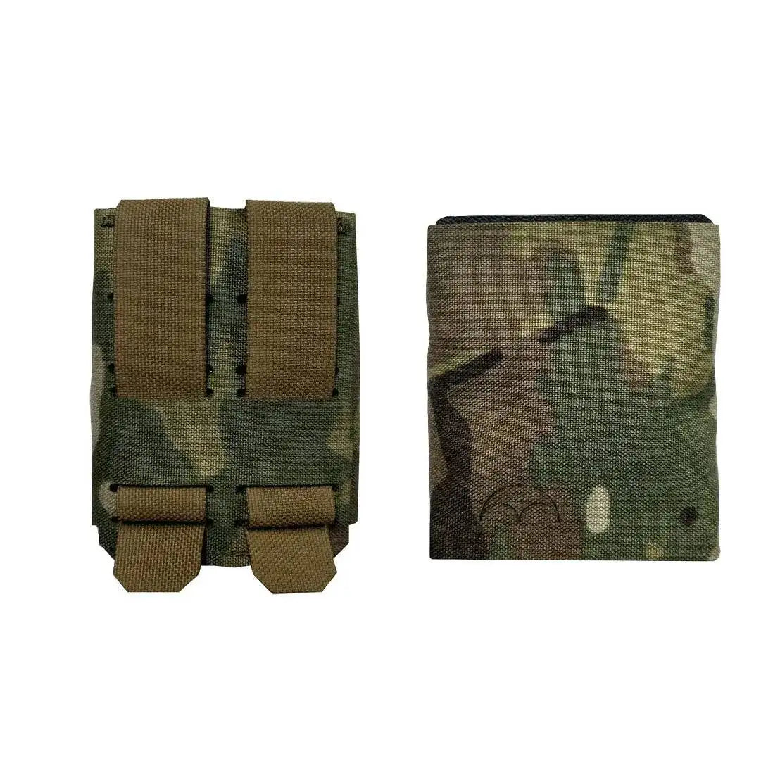 Luminae Multicam CQB Mag Pouch MTP front and back view, showcasing its rugged Cordura material and MOLLE-compatible straps for secure attachment. from John Bull Clothing