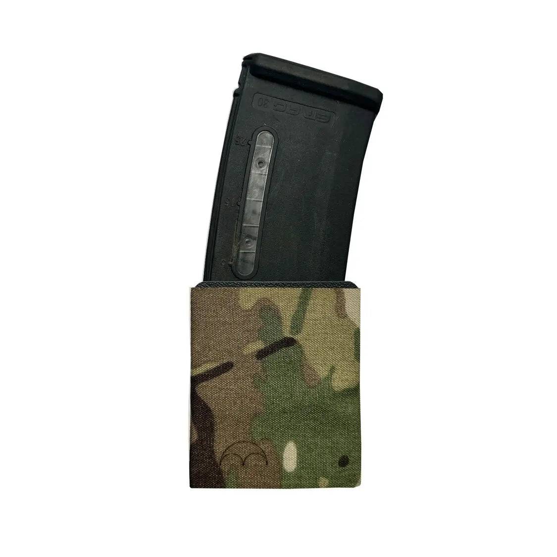 Luminae Multicam CQB Mag Pouch MTP with a magazine inserted, designed for rapid reloads in close-quarters battle. Durable Cordura construction in Multicam pattern.