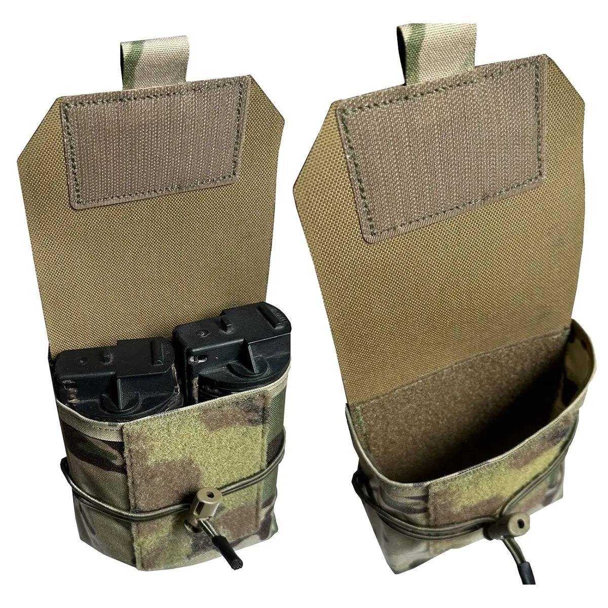 Open Luminae Multicam Mega Pouch MTP displaying spacious interior with elastic retention for securely holding magazines or other tactical accessories.