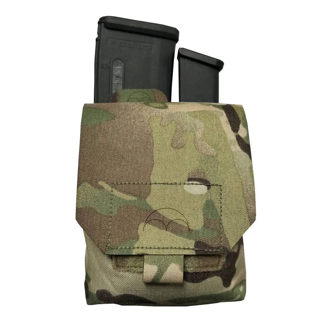 Luminae Multicam Mega Pouch MTP with two rifle magazines inside, featuring a durable Cordura fabric in a camouflage pattern for tactical use.