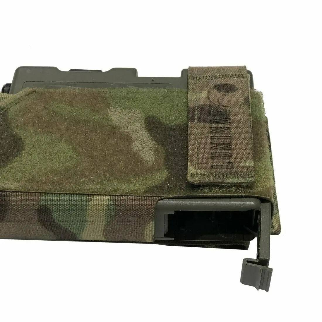 Close-up of the Luminae Multicam PRR Pouch MTP highlighting its reinforced opening and adjustable strap for easy radio access.