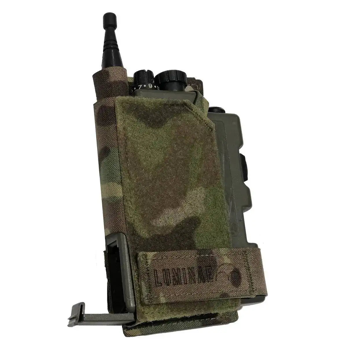 Angled view of the Luminae Multicam PRR Pouch MTP displaying its rugged Cordura material and secure fastening system for radio protection. from John Bull Clothing