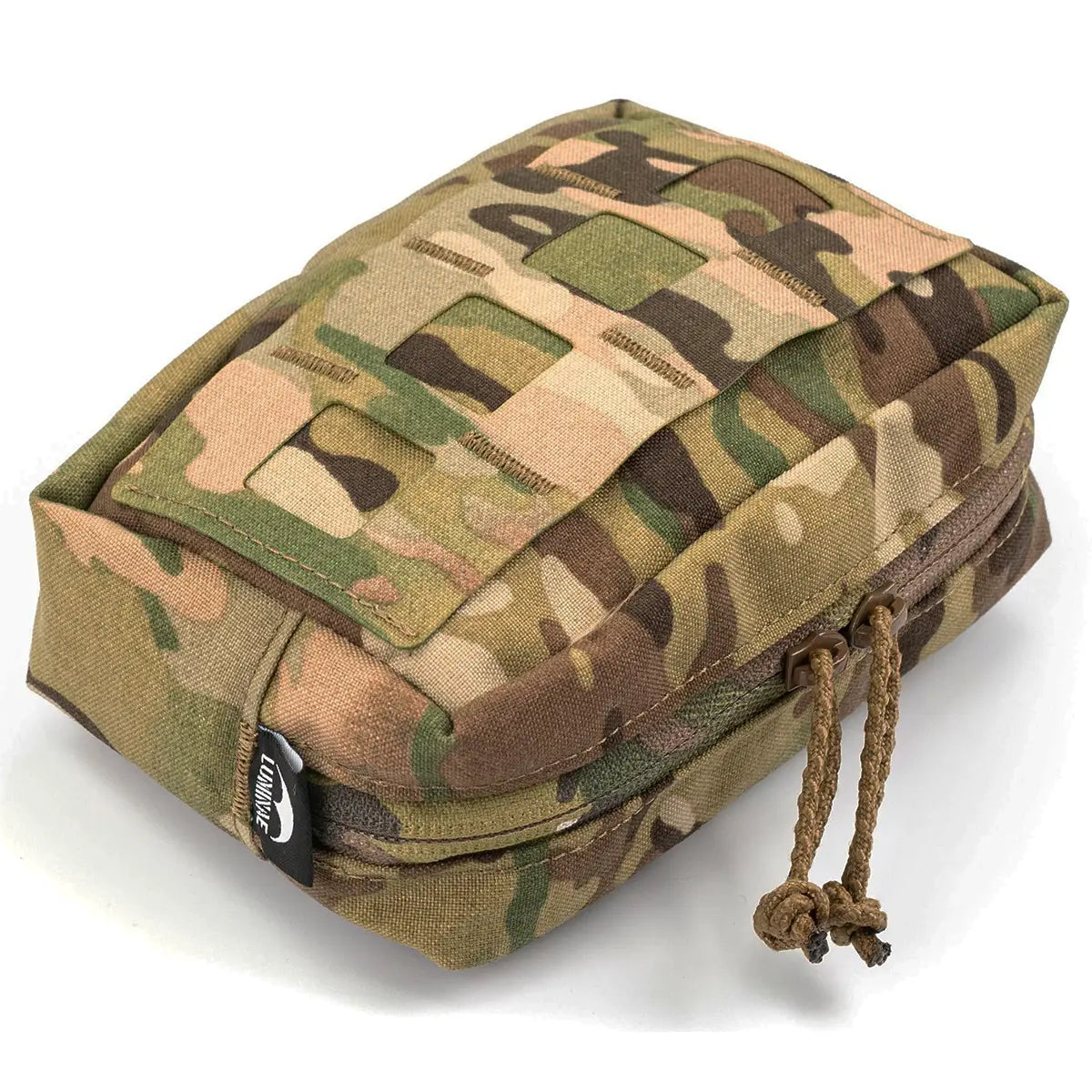 Multicam camouflage Luminae Small GP Pouch made of durable Cordura material with MOLLE attachment points, compact size, and drawstring closure