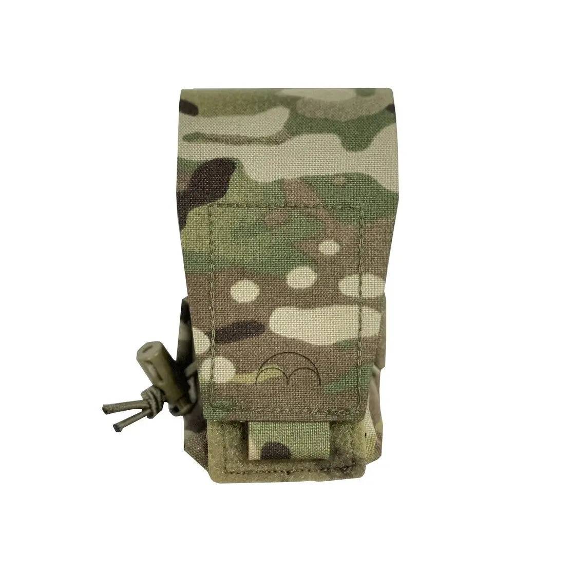 Luminae Multicam Smoke Grenade Pouch MTP with durable Cordura fabric and secure flap closure for tactical use. Ideal for carrying smoke grenades securely.