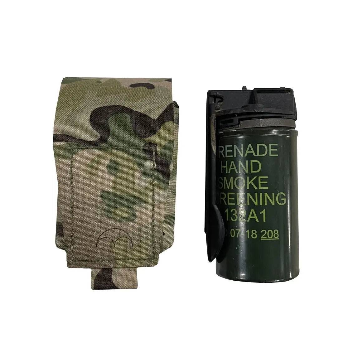 Luminae Multicam Smoke Grenade Pouch MTP shown alongside a smoke grenade for size comparison. Designed for quick access and secure storage.