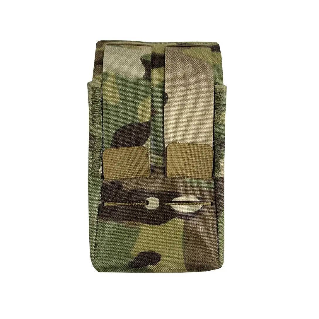 Rear view of Luminae Multicam Smoke Grenade Pouch MTP showcasing MOLLE-compatible straps for easy attachment to tactical gear and vests.