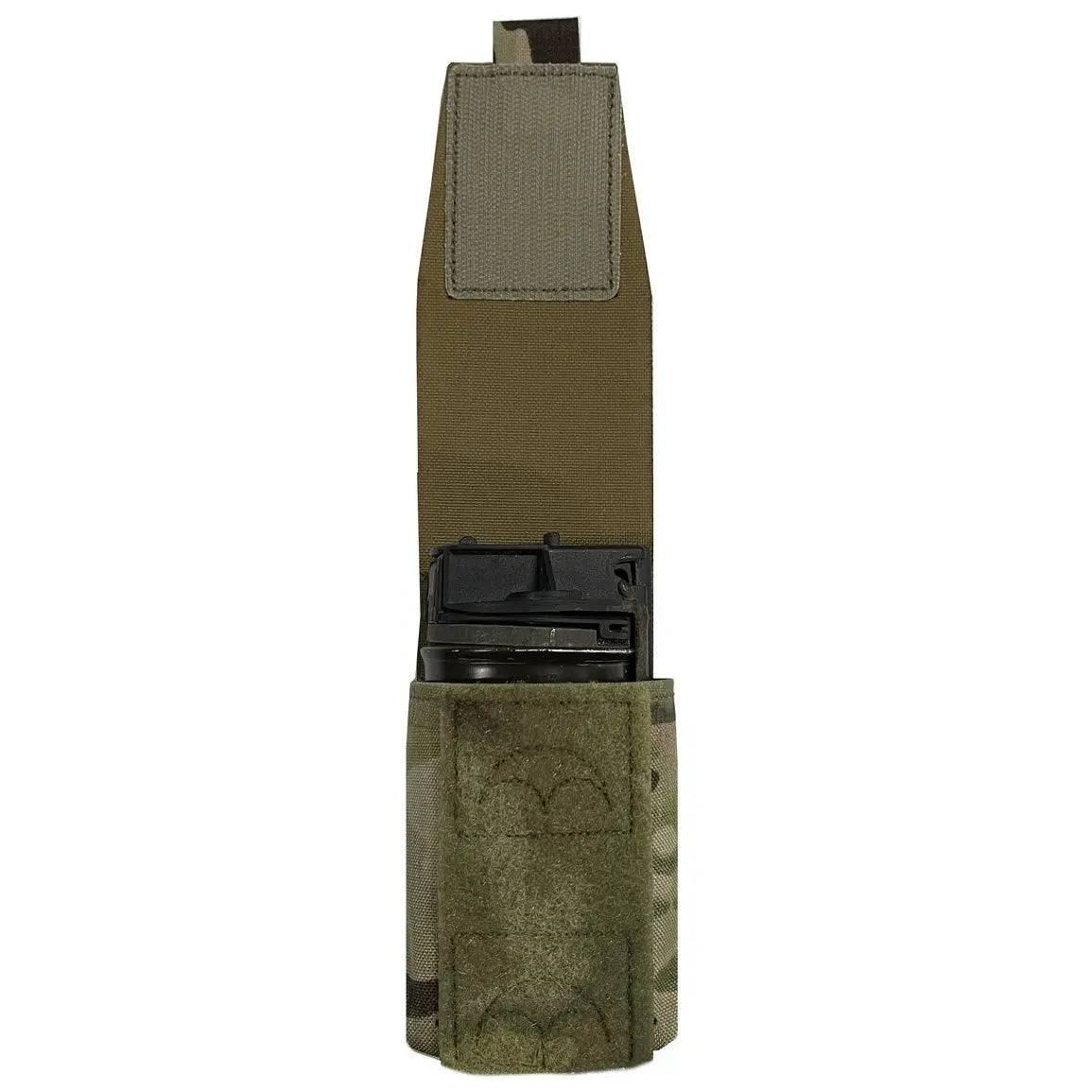 Open Luminae Multicam Smoke Grenade Pouch MTP displaying interior space with a smoke grenade inside. Features Velcro closure for secure fastening.