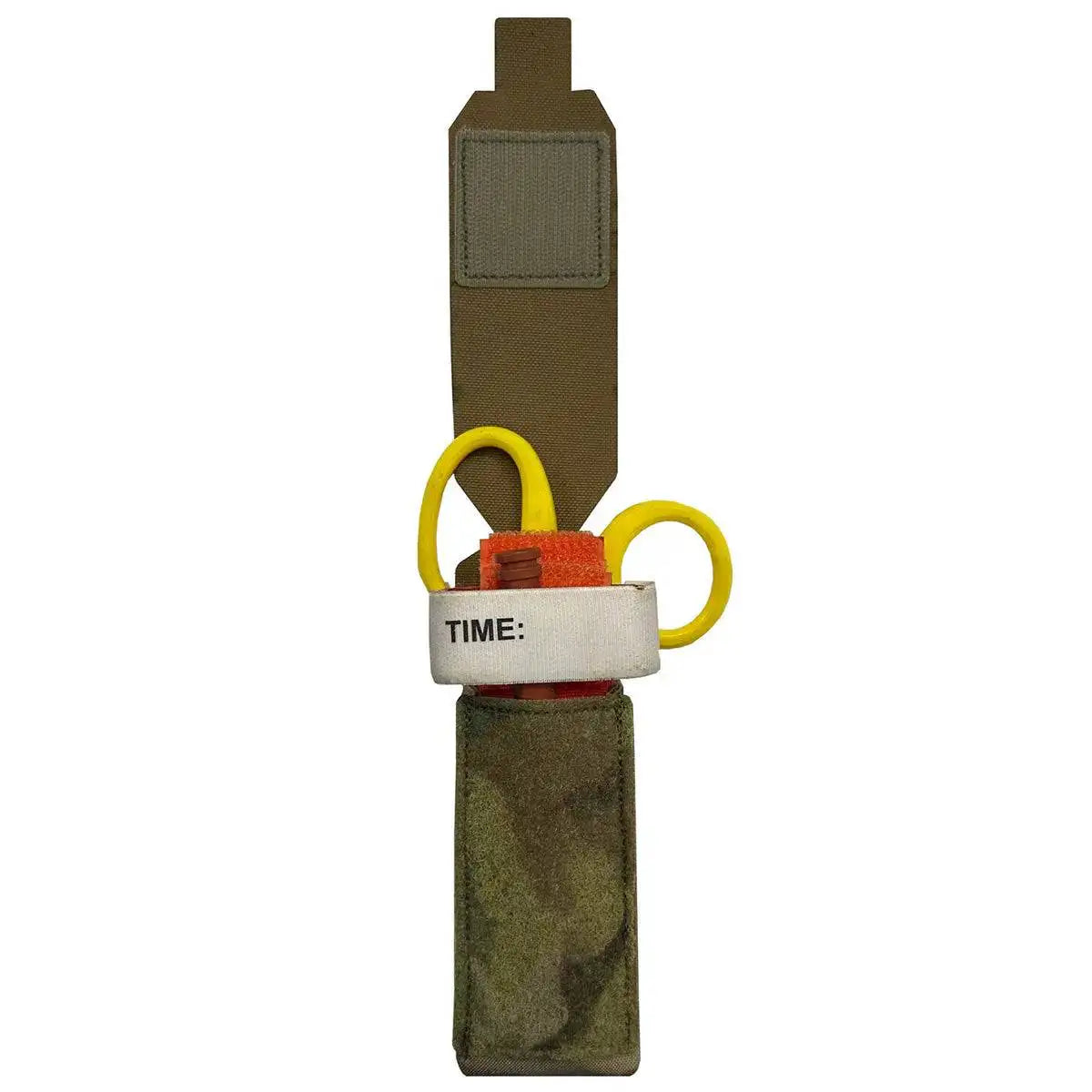 Open Luminae Multicam TQ Pouch MTP displaying a tourniquet and medical shears inside. Designed for quick access in emergency situations. from John Bull Clothing