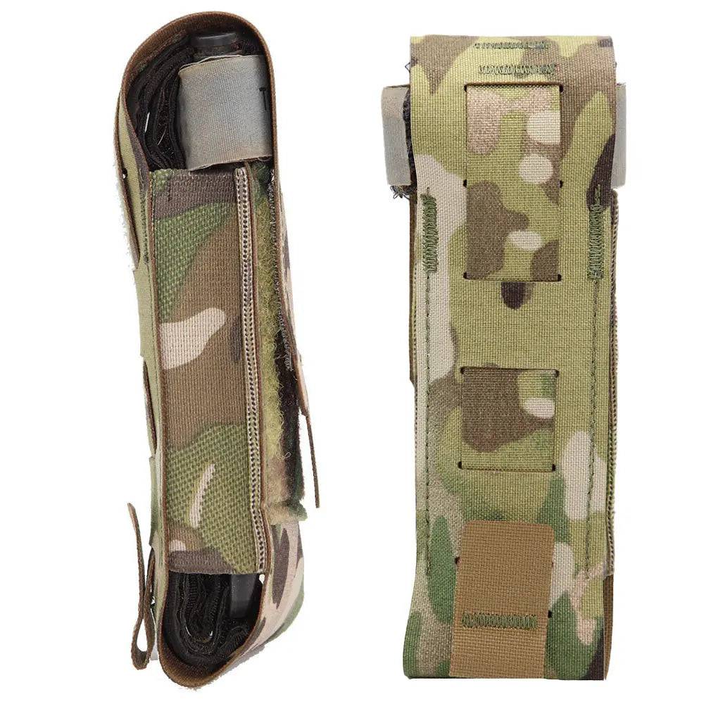 Rear and side view of Luminae Multicam TQ Pouch MTP featuring MOLLE compatibility for easy attachment to gear. Made from rugged Cordura fabric.