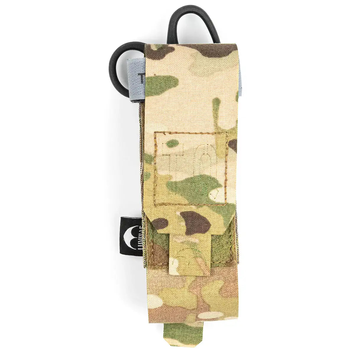 Close-up of Luminae Multicam TQ Pouch with camouflage fabric, Velcro flap, and black attachment clips for tactical military or first responder use