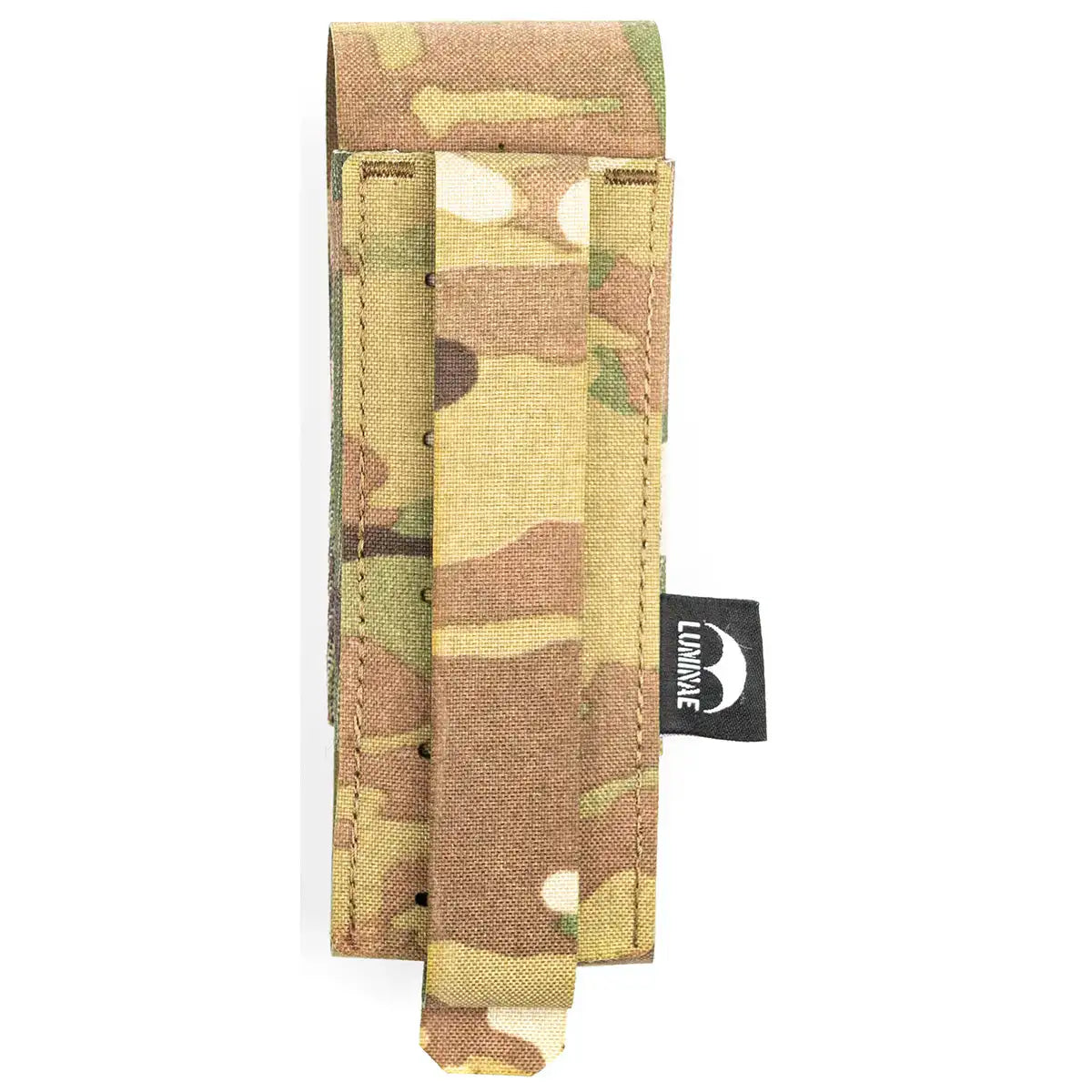 Camo-patterned tourniquet pouch with Velcro flap and MOLLE compatible strap, designed for quick access in tactical environments.