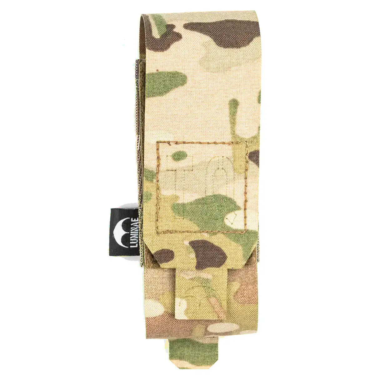 Back view of Multicam camouflage tourniquet pouch with Velcro closure and MOLLE attachment, suitable for tactical gear and first responders.