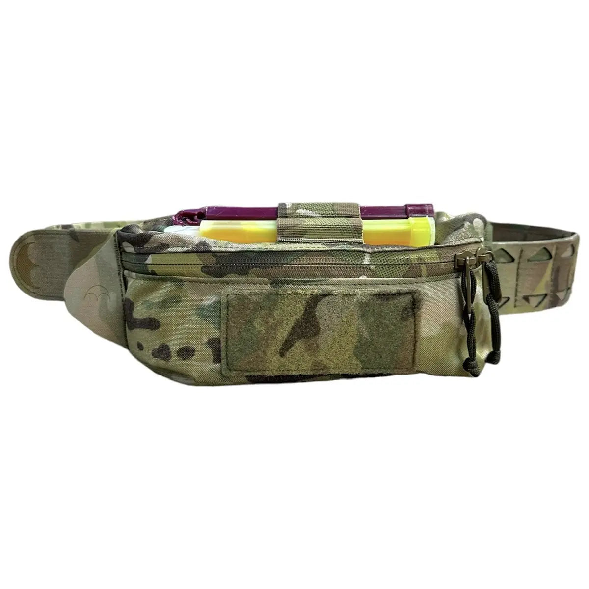 Side view of Luminae Over the Belt OTB Pouch Multicam mounted on a belt, highlighting its compact, durable Cordura construction and utility.