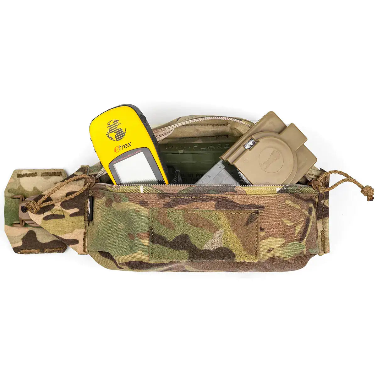 Open camouflage Luminae Over the Belt OTB pouch showing contents including tools and accessories, with adjustable strap and multiple compartments