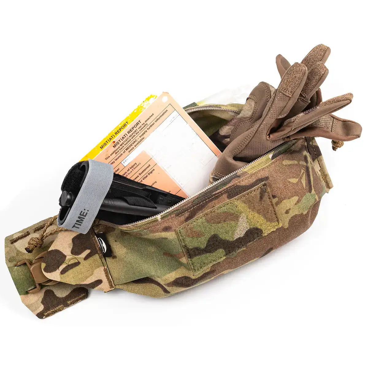 Multicam camouflage weapon pouch with gloves, ammunition case, and a gray strap with 'TIME:' label, designed for tactical use