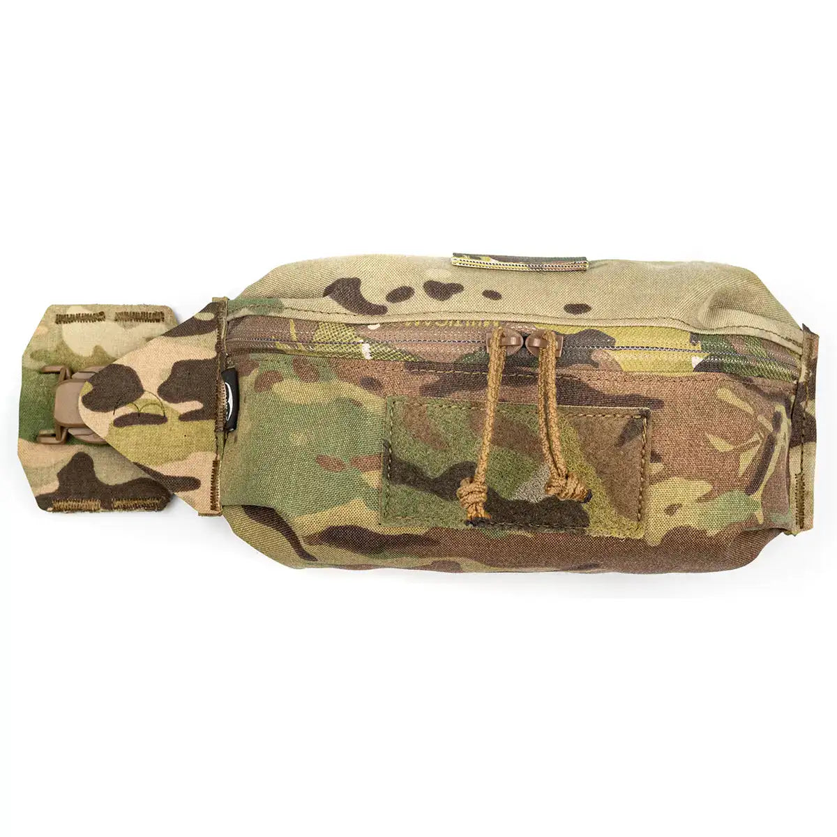 Multicam camouflage Luminae Over the Belt OTB Pouch with zippered pocket, MOLLE attachment, and drawstring closure, designed for tactical belt use.