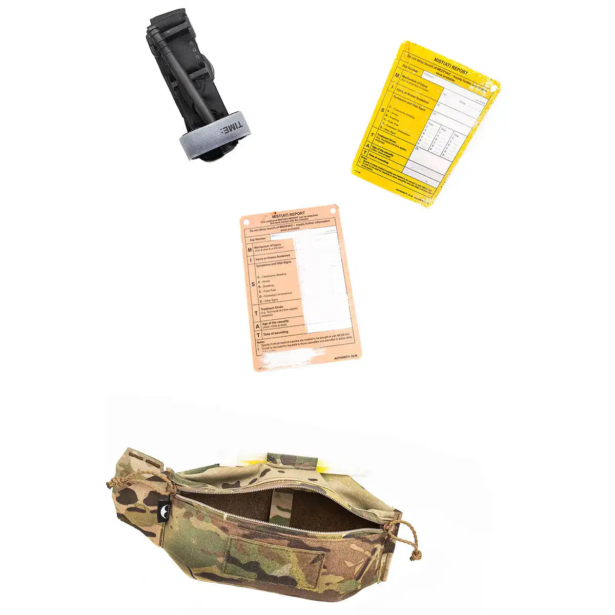 Set of medical and identification tags including black tourniquet, yellow, and orange medic report cards, used for field medical documentation.