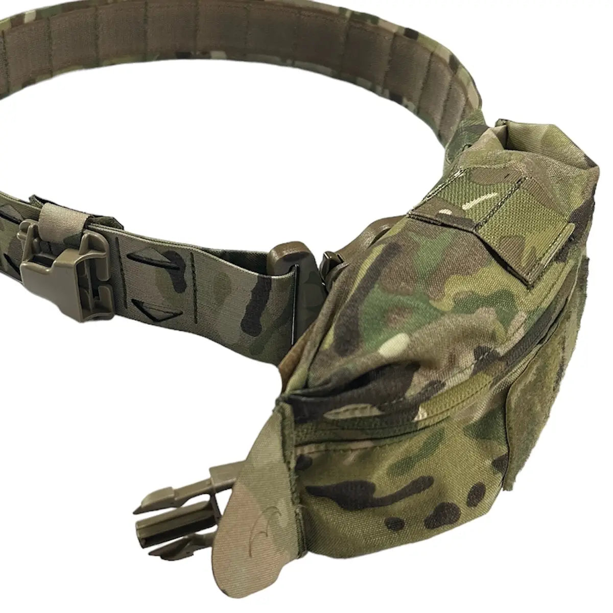 Luminae Over the Belt OTB Pouch Multicam attached to a tactical belt, showcasing its over-the-buckle design for efficient gear access.
