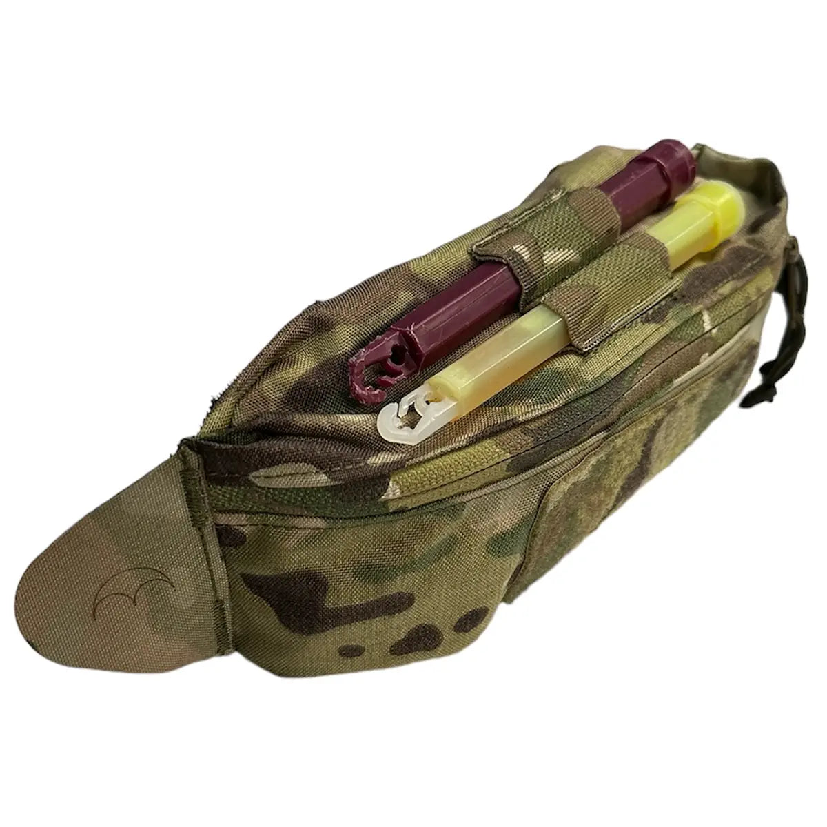 Luminae Over the Belt OTB Pouch Multicam with zippered main compartment and external loops for glow sticks, ideal for tactical travel use.