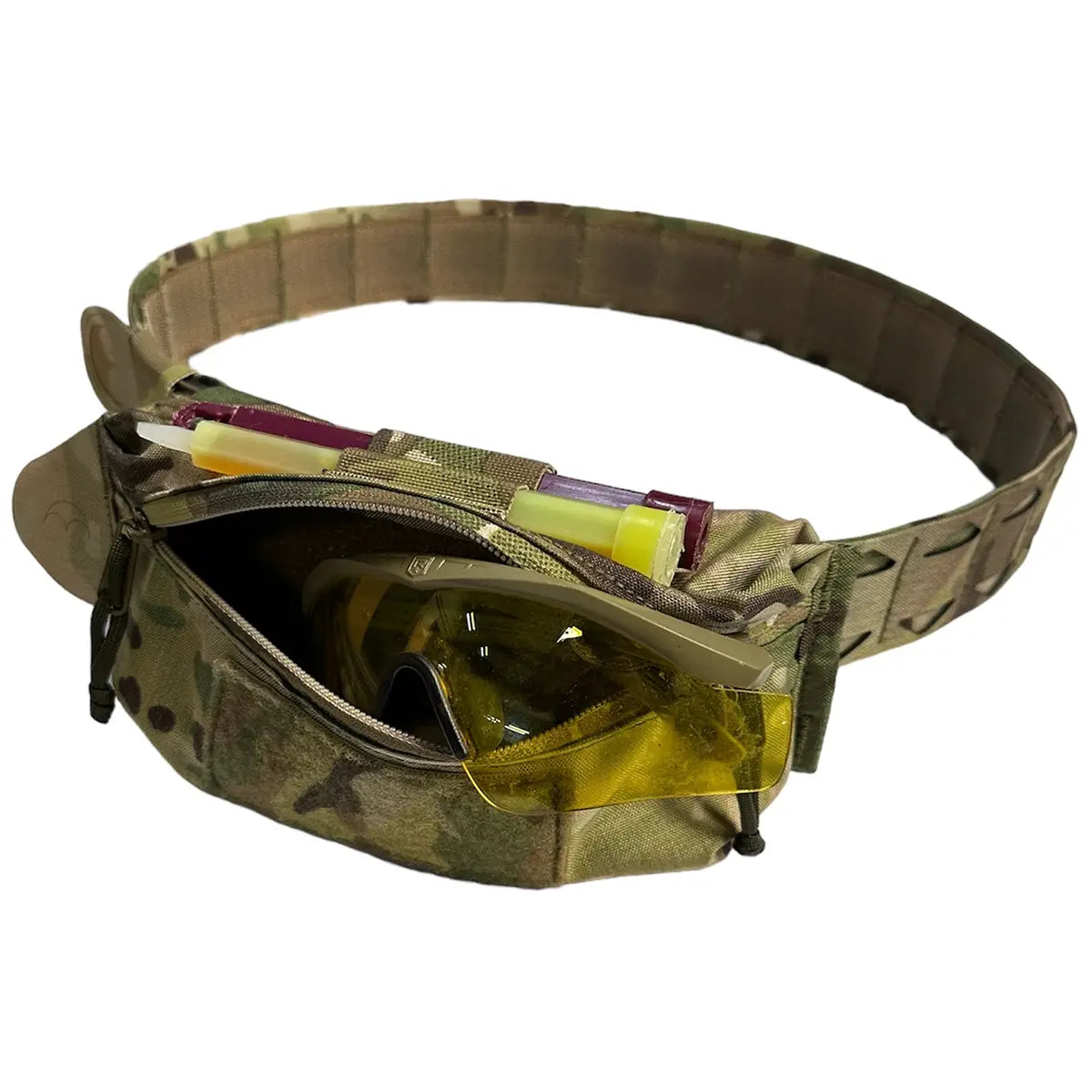 Luminae Over the Belt OTB Pouch Multicam open with protective eyewear and glow sticks, designed for organized tactical storage on the go.