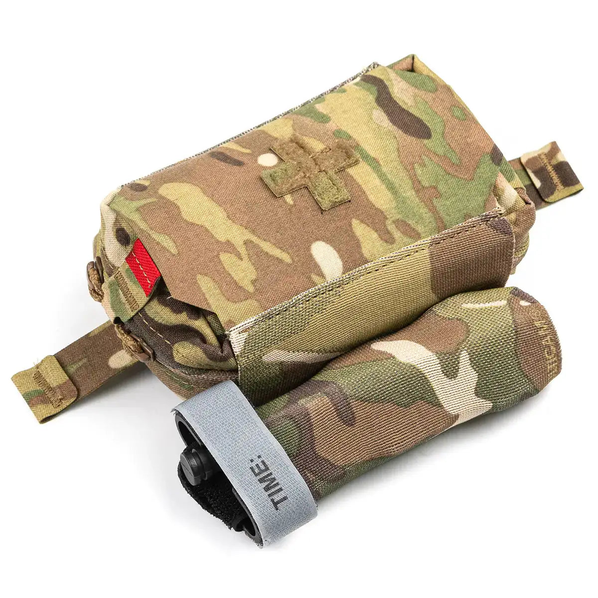 Multicam tactical medical pouch with zip closure, MOLLE attachment points, and a cross emblem, designed for first aid storage in rugged environments.
