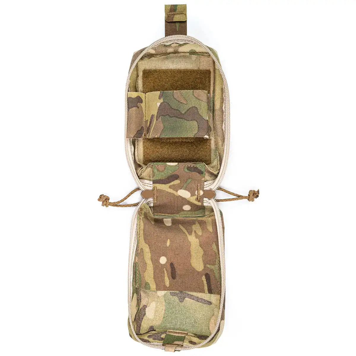 Luminae Pull Out IFAK Medical Pouch with contents including medical supplies, camouflage exterior, and secure zipper closure for emergency use