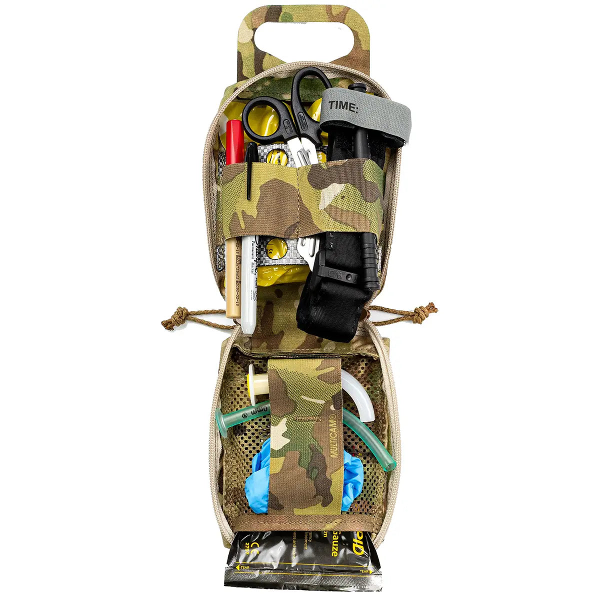 Camo first aid kit with tools and supplies inside