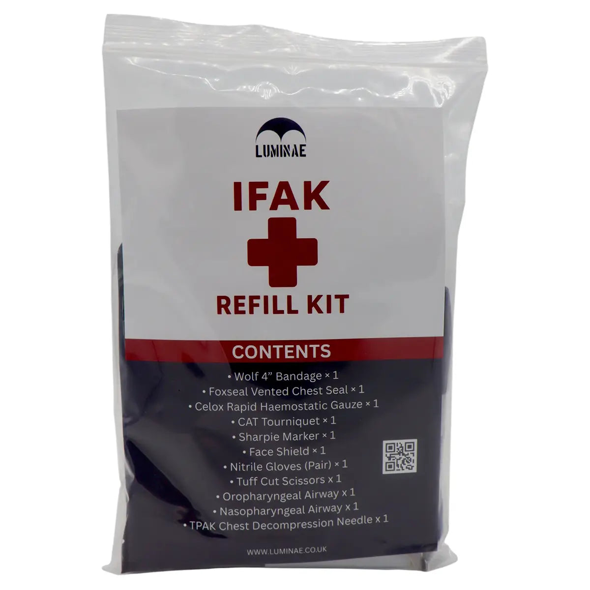 Luminae IFAK refill kit with bandages, gauze, scissors, and airway supplies