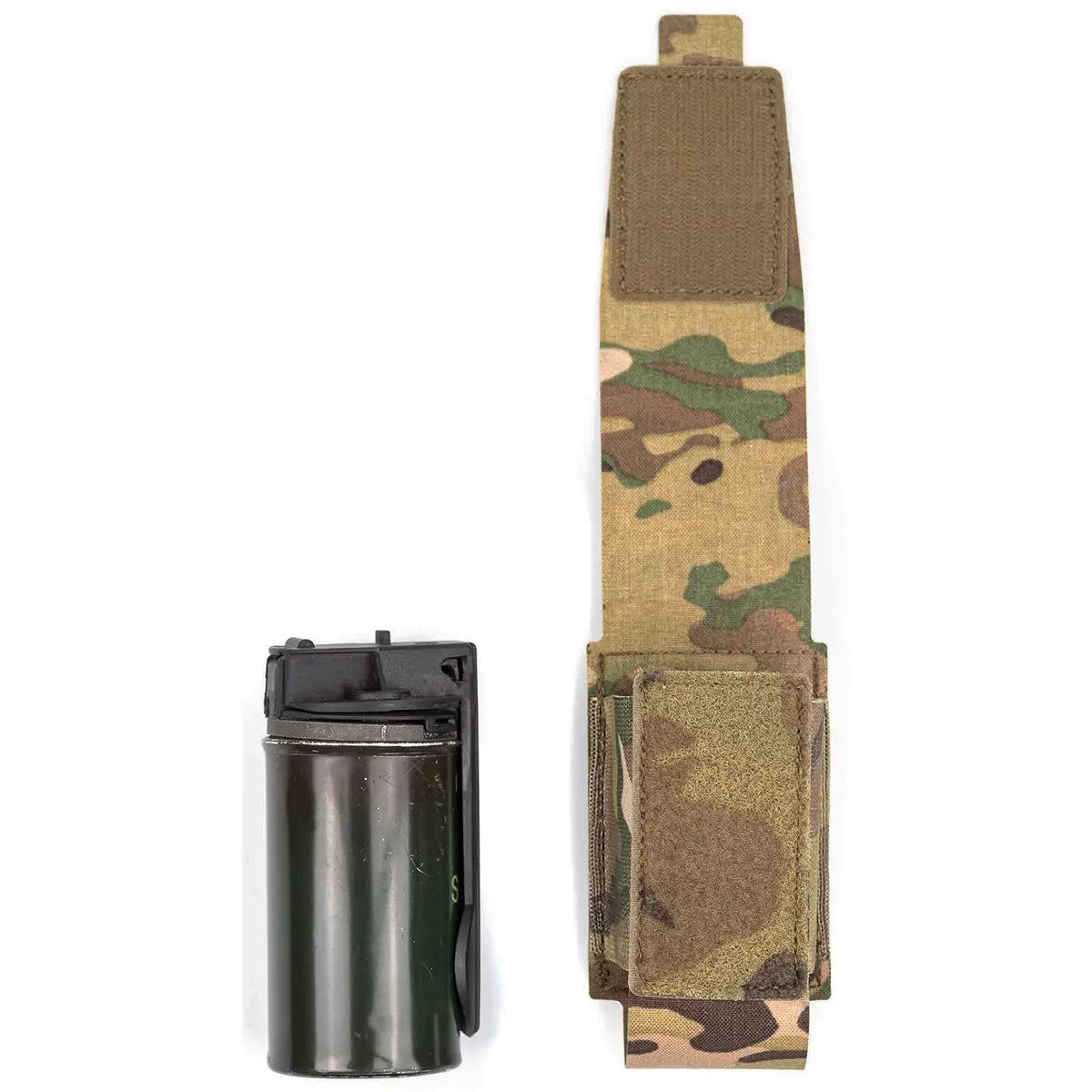 Multicam camouflage smoke grenade pouch with Velcro flap and MOLLE attachment for secure carry and quick access, designed for tactical use.
