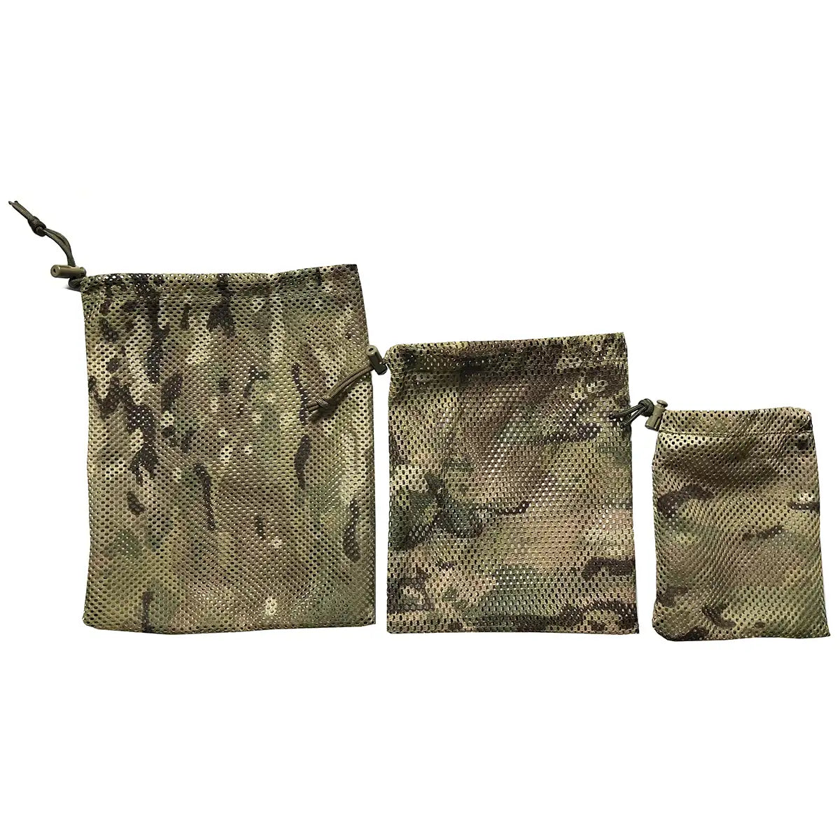 Flat lay of Luminae Stash Bags - Set of 3 Multicam in small, medium, and large sizes, crafted from durable Cordura mesh for organized travel use.