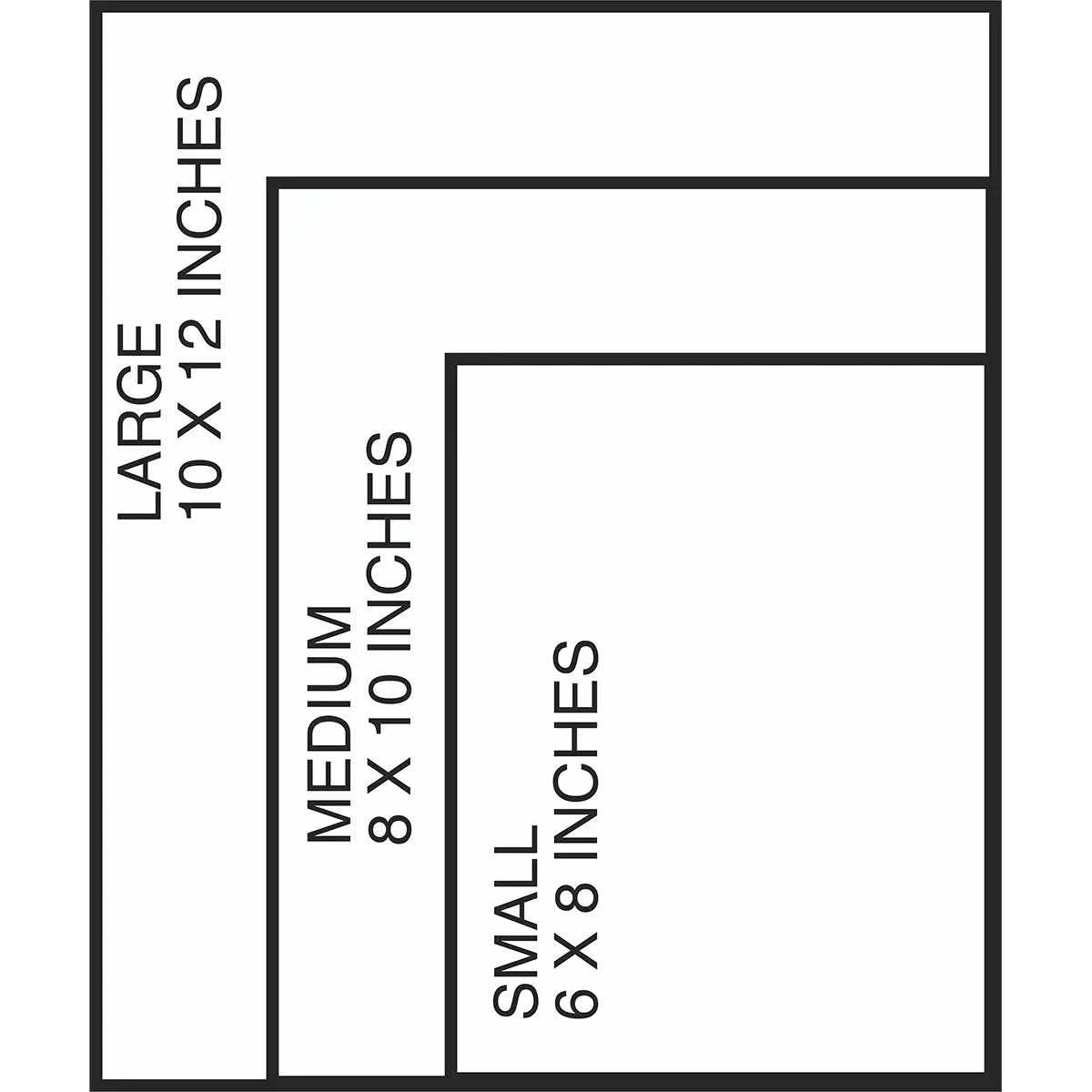 Size chart for Luminae Stash Bags - Set of 3 Multicam showing dimensions: Large 10x12, Medium 8x10, Small 6x8 inches for travel pouch selection.